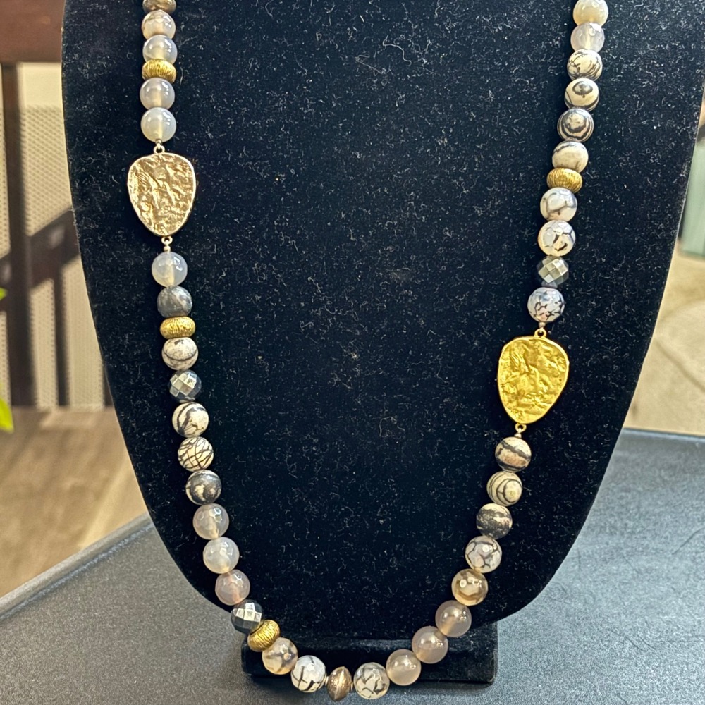 Silpada "Ode to Gold" 925 Natural Agate Hematite Druzy Beaded Necklace 32" - Picture 5 of 10